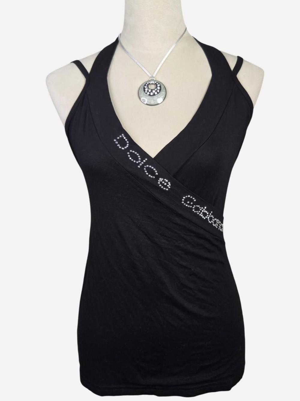 Dolce & Gabbana Y2K Black Rhinestone Logo Wrap Halter Camisole